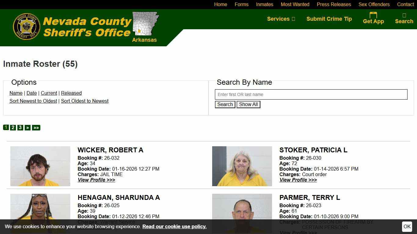 Inmate Roster | Nevada County Sheriff AR | Sort Booking Time - Descending | Page 1